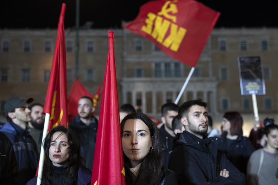Demonstrators take part in a protest in front of the parliament, in Athens, Saturday, March 4, 2023. Supporters of the Greek Communist party gathered to protest the deaths of dozens of people late Tuesday, in Greece's worst recorded rail accident. (AP Photo/Yorgos Karahalis)