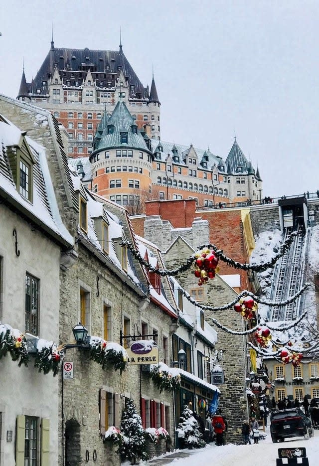 colorful buildings covered in snow in Quebec City