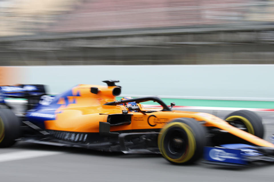 Mclaren driver Carlos Sainz of Spain steers his car, during a Formula One pre-season testing session at the Barcelona Catalunya racetrack in Montmelo, outside Barcelona, Spain, Wednesday, Feb.20, 2019. (AP Photo/Joan Monfort)