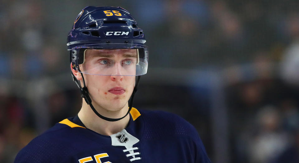 The wallet of Buffalo blueliner Rasmus Ristolainen - seen here in a file photo from 2018 - is significantly lighter after driving double the speed limit in his hometown of Turku back in May. (Photo by Kevin Hoffman/Getty Images)