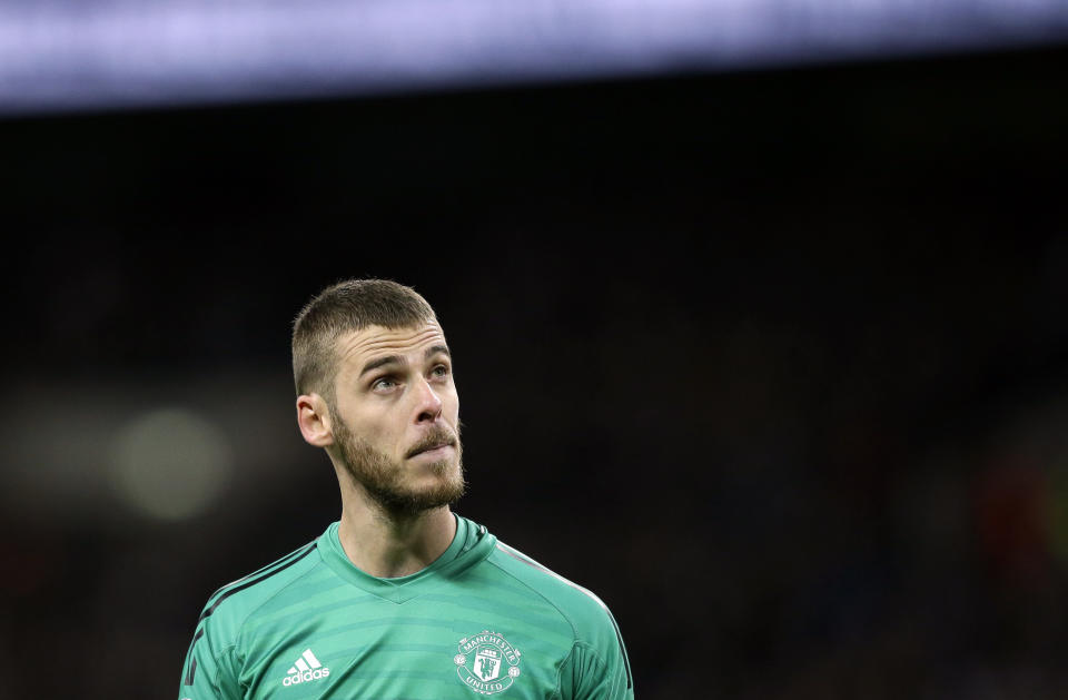 Manchester United goalkeeper David de Gea looks on during the English Premier League soccer match between Tottenham Hotspur and Manchester United at Wembley stadium in London, England, Sunday, Jan. 13, 2019. (AP Photo/Tim Ireland)