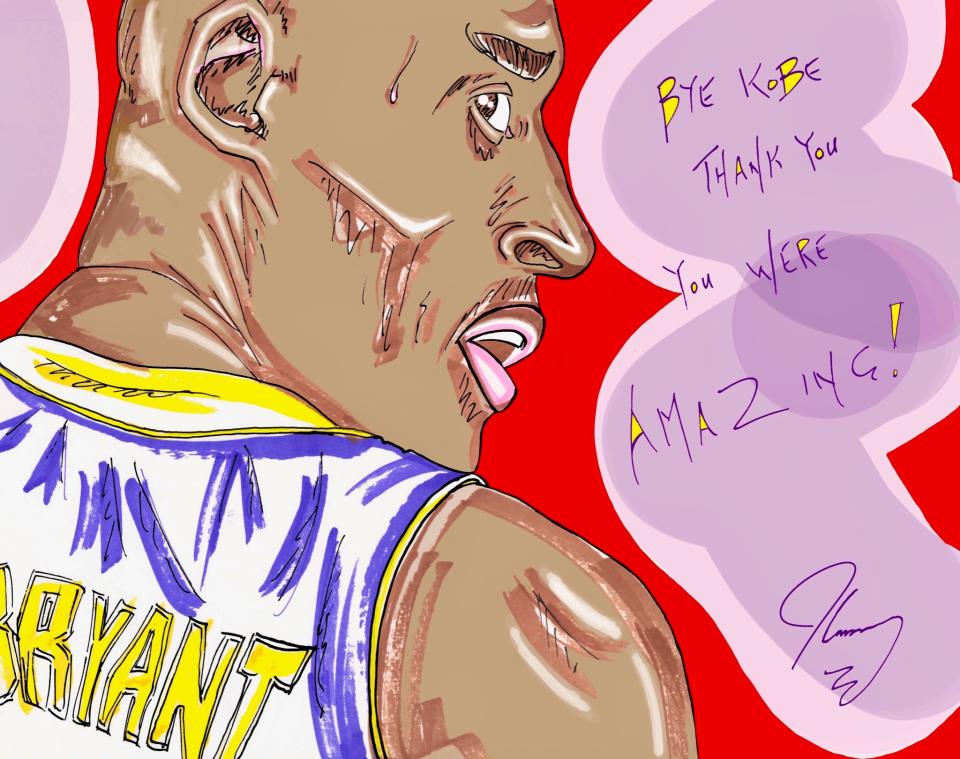 An illustration shared by comedian Jim Carrey, featuring the message "Bye Kobe, Thank you. You were amazing!" (Credit: Jim Carrey/Twitter)