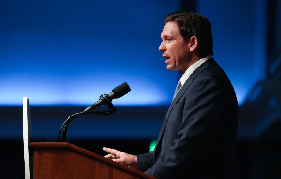 Florida Gov. Ron DeSantis speaks at the North Carolina Republican Party 2023 State Convention on Friday, June 9. At the event, DeSantis said he would restore the name Fort Bragg to the Fayetteville post that was renamed Fort Liberty this month.