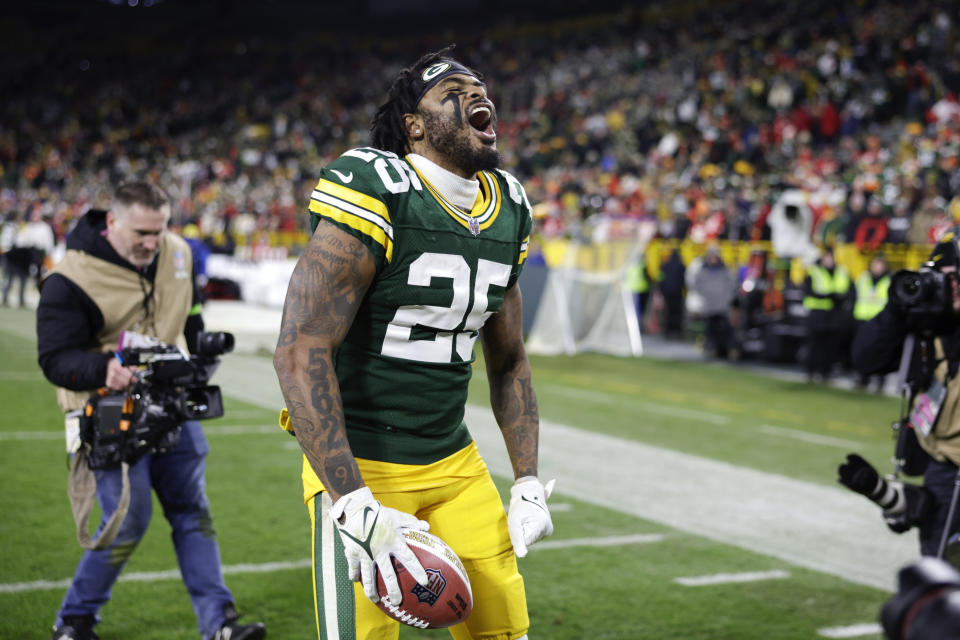 Green Bay Packers cornerback Keisean Nixon (25) celebrates after an NFL football game against the Kansas City Chiefs, Sunday, Dec. 3, 2023 in Green Bay, Wis. (AP Photo/Matt Ludtke)