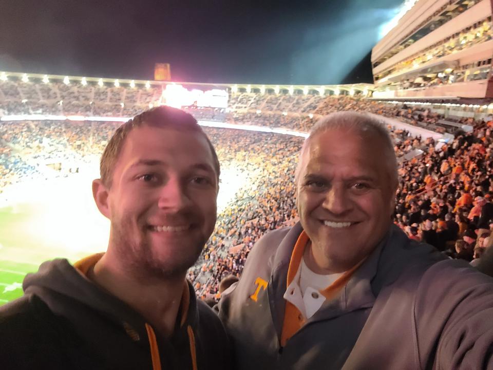 Ron Oestreich, new director of Parks and Recreation for the Town of Farragut, takes a selfie with his son Jack Oestreich at a Vols game, September 2022.