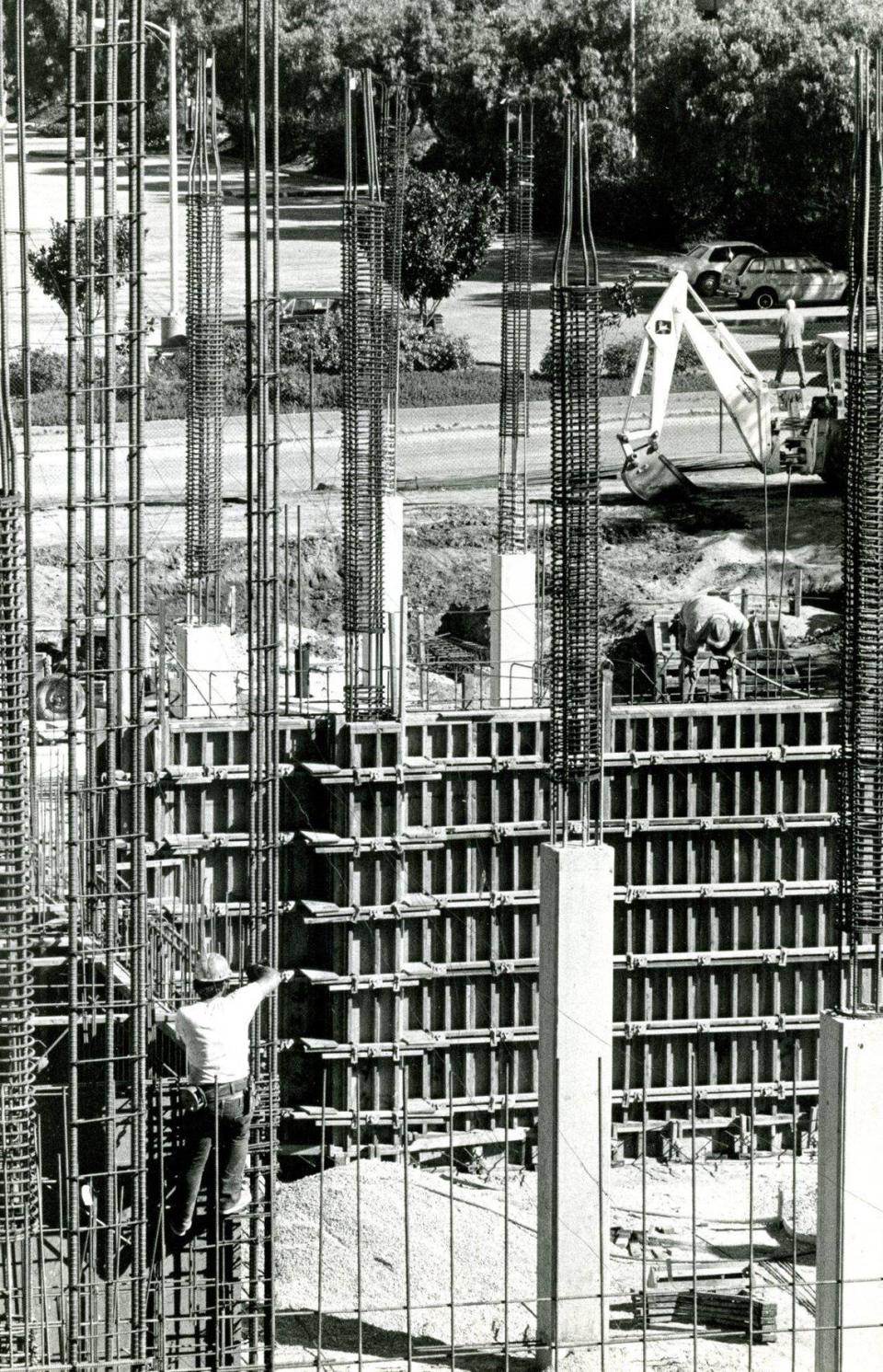 Structural work on the future Robert E. Kennedy Library at Cal Poly inches its way skyward in this photo, published in the Telegram-Tribune on Sept. 28, 1978.