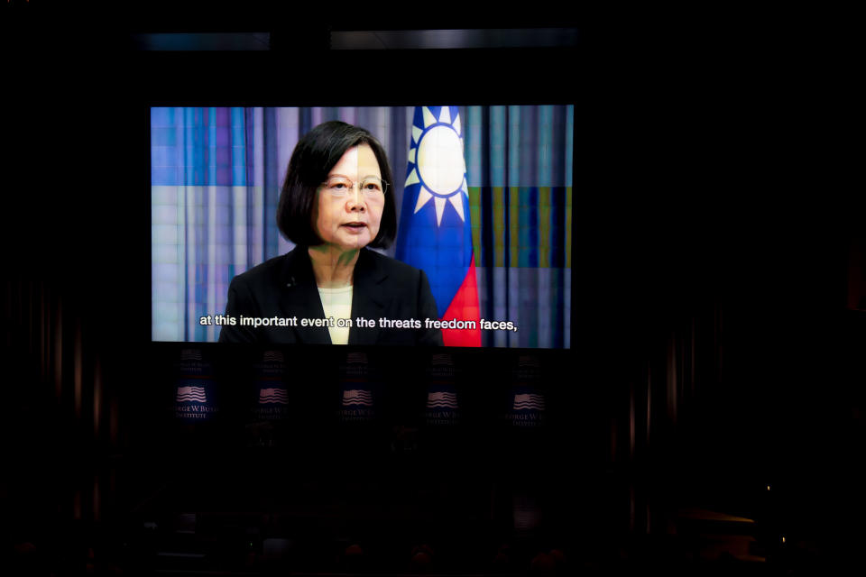 Taiwanese President Tsai Ing-wen gives remarks during "The Struggle for Freedom" event at the George W. Bush Presidential Center in Dallas, Wednesday, Nov. 16, 2022. Former President George W. Bush was set to speak virtually to Ukrainian President Volodymyr Zelenskyy on Wednesday. (AP Photo/Emil Lippe)