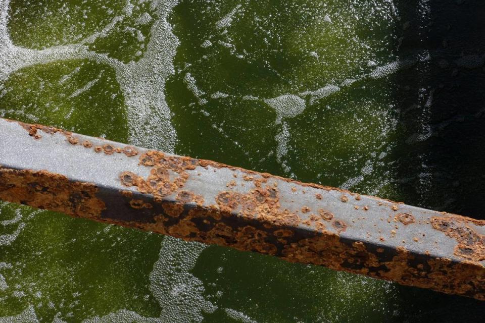 Surface level erosion can be seen on metal beams in the aeration basins at the Lander Street Water Renewal Facility.