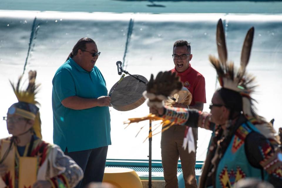 The Poarch Band Pow Wow Club performs at OWA’s Tropic Falls in Foley, Alabama.