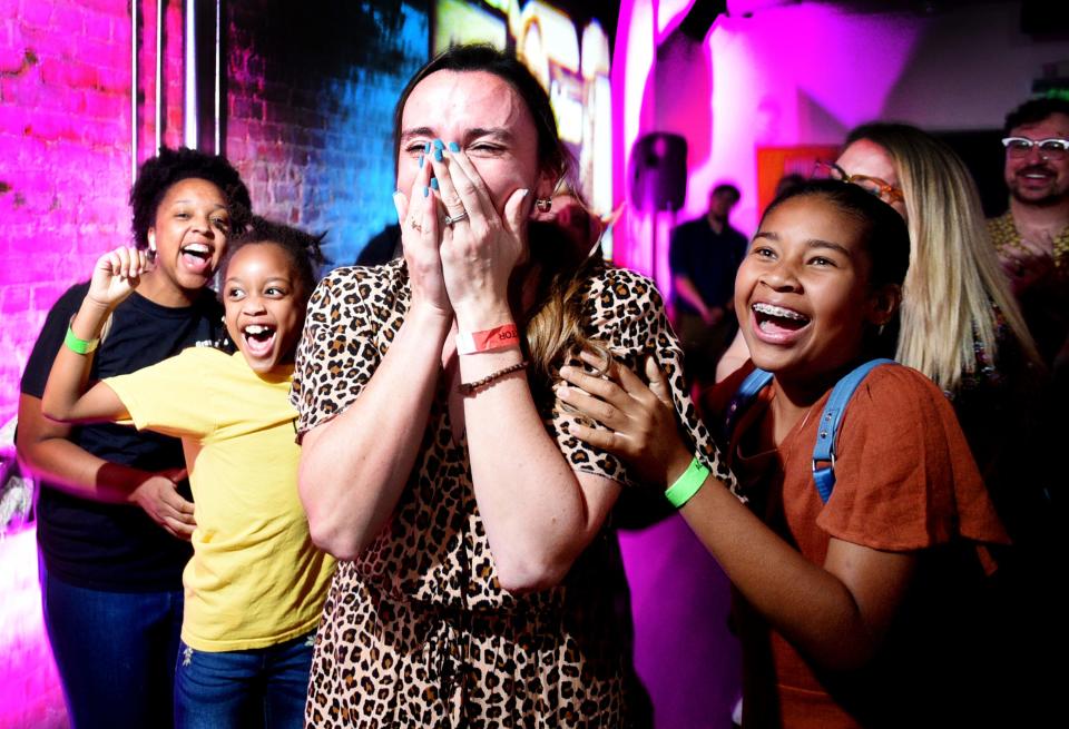 Kaitlyn Brown reacts to her name being called during the Film Prize Top 20 Announcement event Friday evening, August 11, 2023, at the Robinson Film Center.