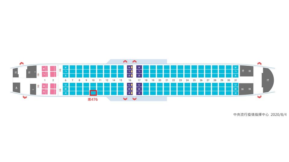 指揮中心將匡列案476前後兩排的乘客匡列為接觸者。   圖：中央流行疫情指揮中心/提供