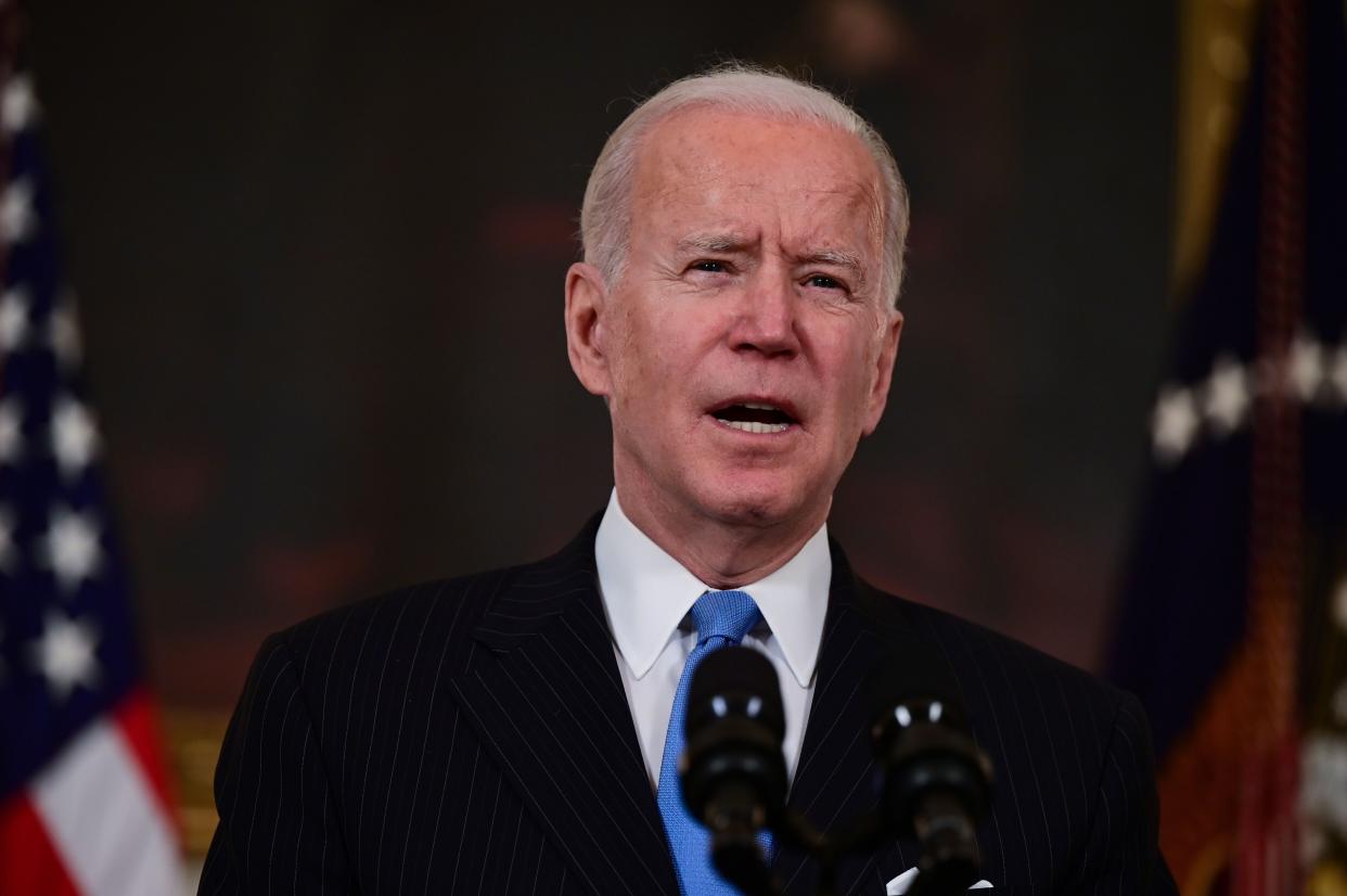President Joe Biden delivers remarks Tuesday on the government's pandemic response, including the recently announced partnership between Johnson &amp; Johnson and Merck to produce more Johnson &amp; Johnson vaccine. (Photo: JIM WATSON/AFP via Getty Images)