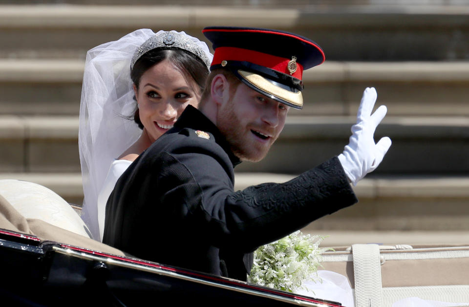 Prince Harry and Meghan Markle leave St George's Chapel in Windsor Castle after their wedding. (Photo by Jane Barlow/PA Images via Getty Images)