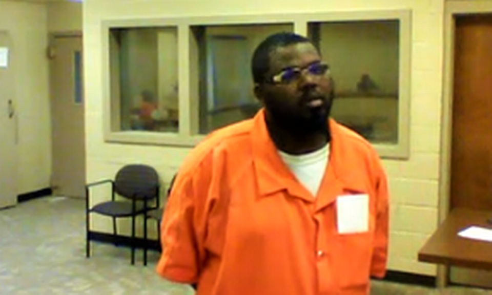 Johntellis Montez Mathis at a bond hearing in the Bibb County jail in May 2021.