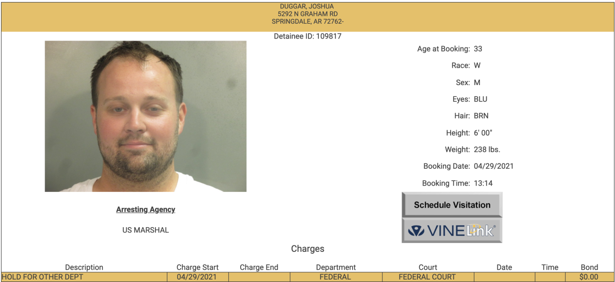 Josh Duggar pictured in his mugshot. (Photo: Washington County website)