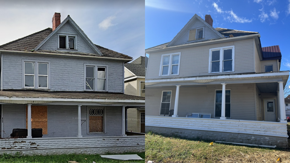 Before and after photos of 190 - 194 N. Sugar Street in Chillicothe after being rehabilitated.