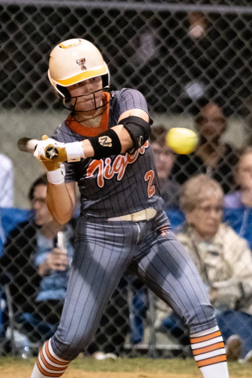 Trenton Tigers Addison Allaire (2) during a softball game between Gainesville High School and Trenton High School at Gainesville High School in Gainesville, FL on Thursday, March 7, 2024. [Chris Watkins/Gainesville Sun]