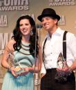 NASHVILLE, TN - NOVEMBER 01: Shawna Thompson and Keifer Thompson of Thompson Square pose with their award for Vocal Duo of the Year at the 46th annual CMA Awards at the Bridgestone Arena on November 1, 2012 in Nashville, Tennessee. (Photo by Erika Goldring/Getty Images)