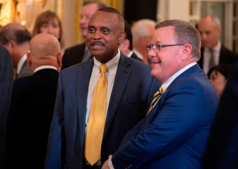 North Carolina House Democratic leader Robert Reives II talks with House Speaker Tim Moore prior to a luncheon in honor of Japanese Prime Minister Fumio Kishida on Friday, April 12, 2024 at the Executive Mansion in Raleigh, N.C.