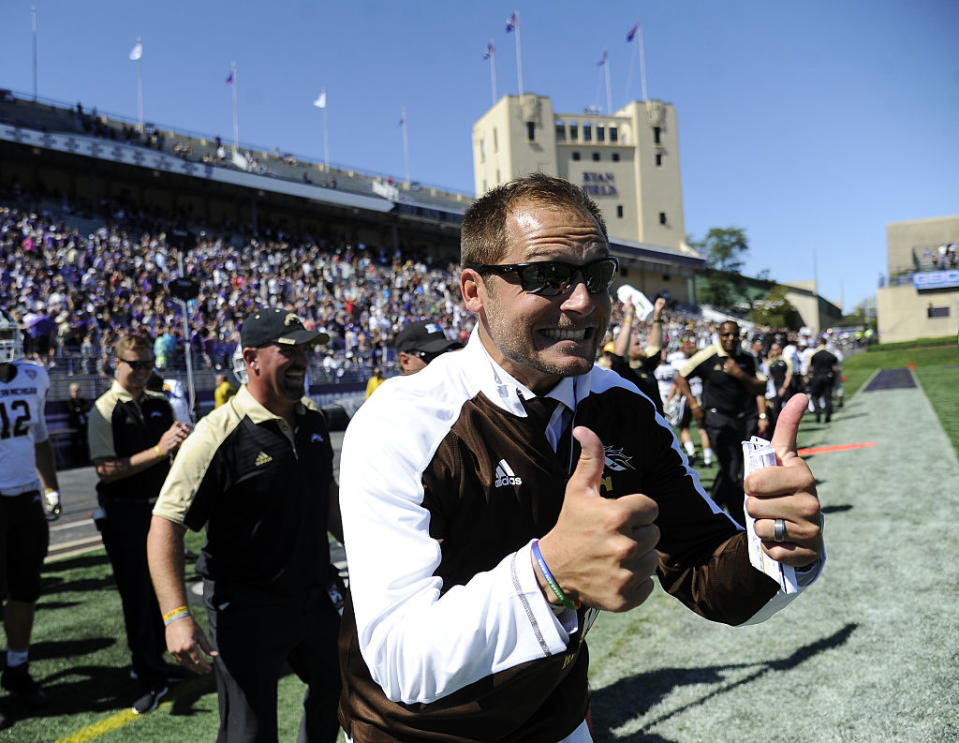 Western Michigan coach P.J. Fleck has his team in a NY6 bowl this year. (Photo by David Banks/Getty Images)