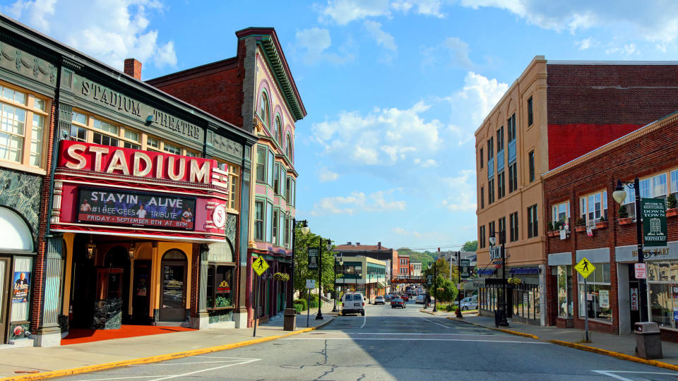 Woonsocket, Rhode island, USA - August 1, 2017: Daytime view of the historic Stadium Theatre along Main Street in downtown Woonsocket.