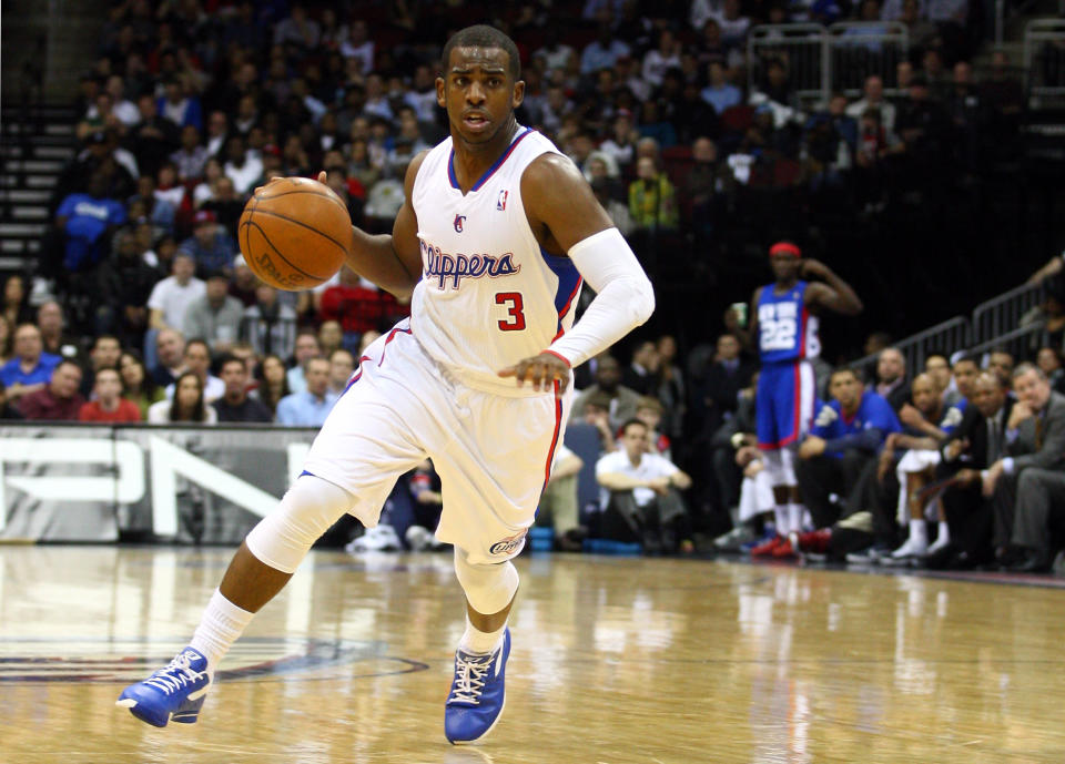 Chris Paul of the Los Angeles Clippers drives against the New Jersey Nets at Prudential Center on March 7, 2012 in Newark, New Jersey (Photo by Chris Chambers/Getty Images)