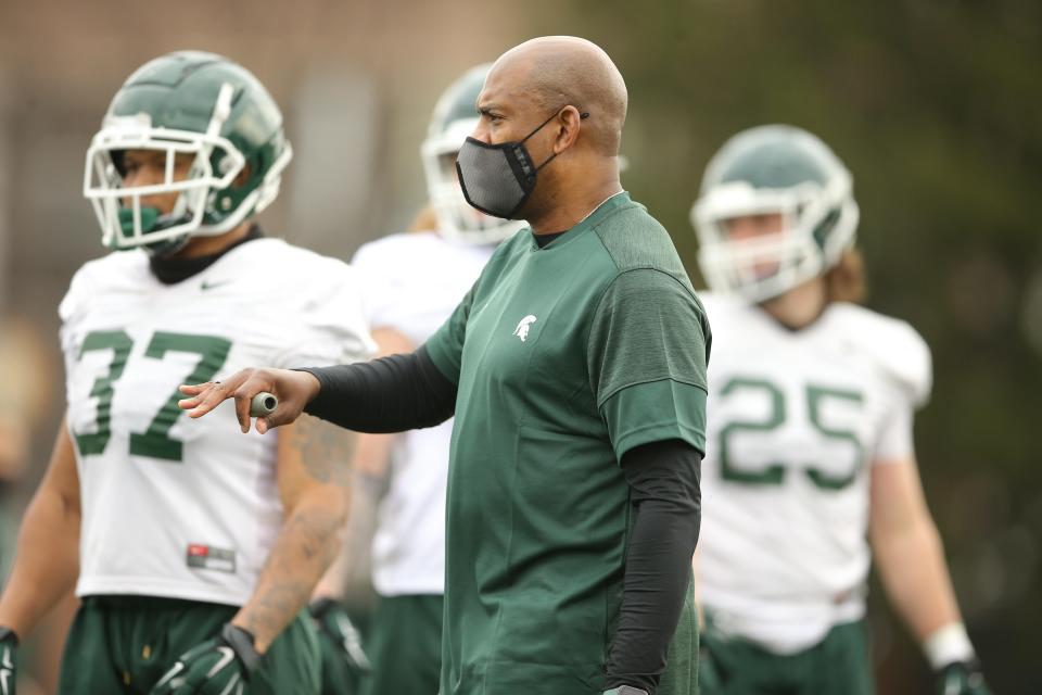 Michigan State coach Mel Tucker directs practice on Tuesday, March 23, 2021, in East Lansing.