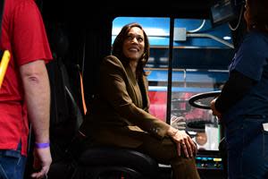 U.S. Vice President Kamala Harris tests out an electric bus as NFI subsidiary New Flyer’s St. Cloud Facility