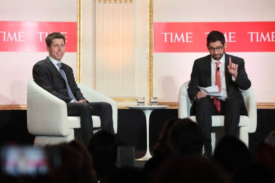 OpenAI CEO Sam Altman, left, in conversation with TIME Editor-in-Chief Sam Jacobs, right.<span class="copyright">Mike Coppola—Getty Images for TIME</span>