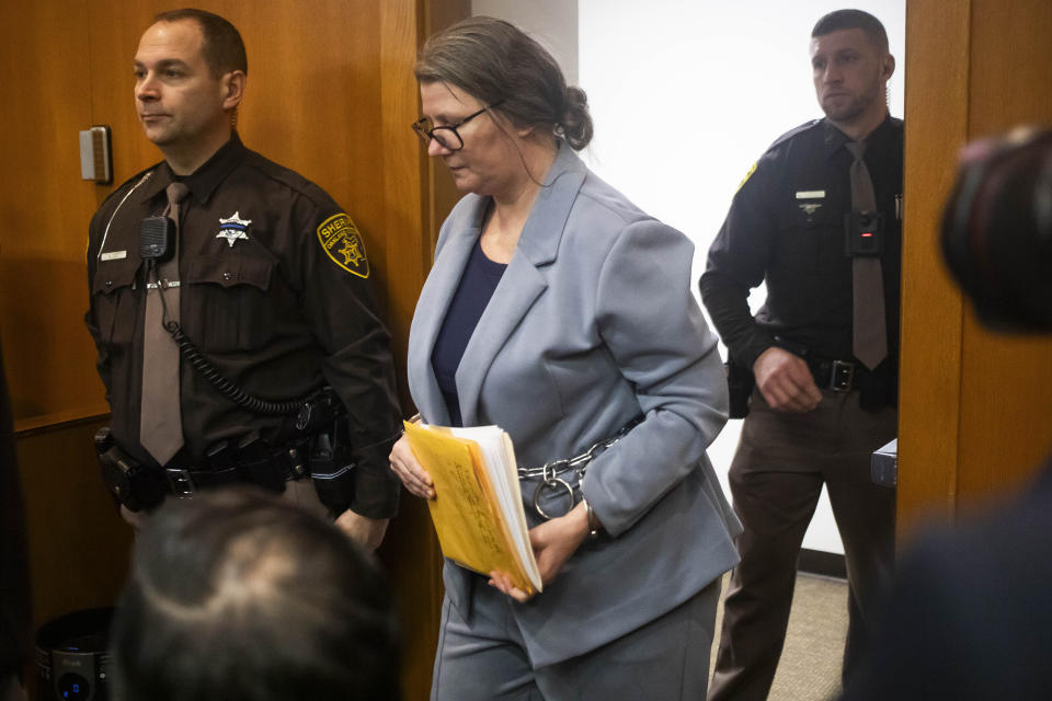 Defendant Jennifer Crumbley enters the courtroom for her trial at the Oakland County Courthouse on Wednesday, Jan. 31, 2024, in Pontiac, Mich. Crumbley is charged with involuntary manslaughter. (Katy Kildee/Detroit News via AP, Pool)