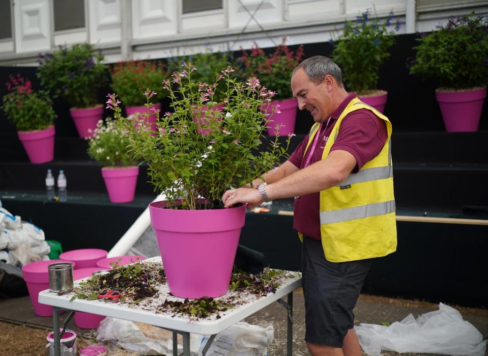 A worker pots flowers ready for their addition to one of the garden displays (Yui Mok/PA) (PA Wire)