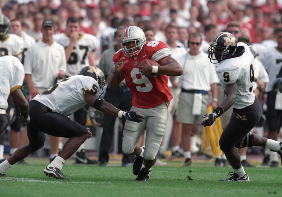 Sep 19, 1998; Columbus, OH, USA; FILE PHOTO; Ohio State Buckeyes receiver David Boston (9) in action against Missouri Tigers during the 1998 season at Ohio Stadium. The Buckeyes beat the Tigers 35-14. Mandatory Credit: Matthew Emmons-USA TODAY Sports