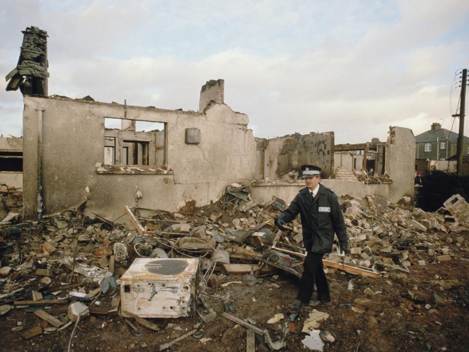 Ruined houses in the town of Lockerbie, after the bombing of Pan Am Flight 103 from London to New York, December 1988.