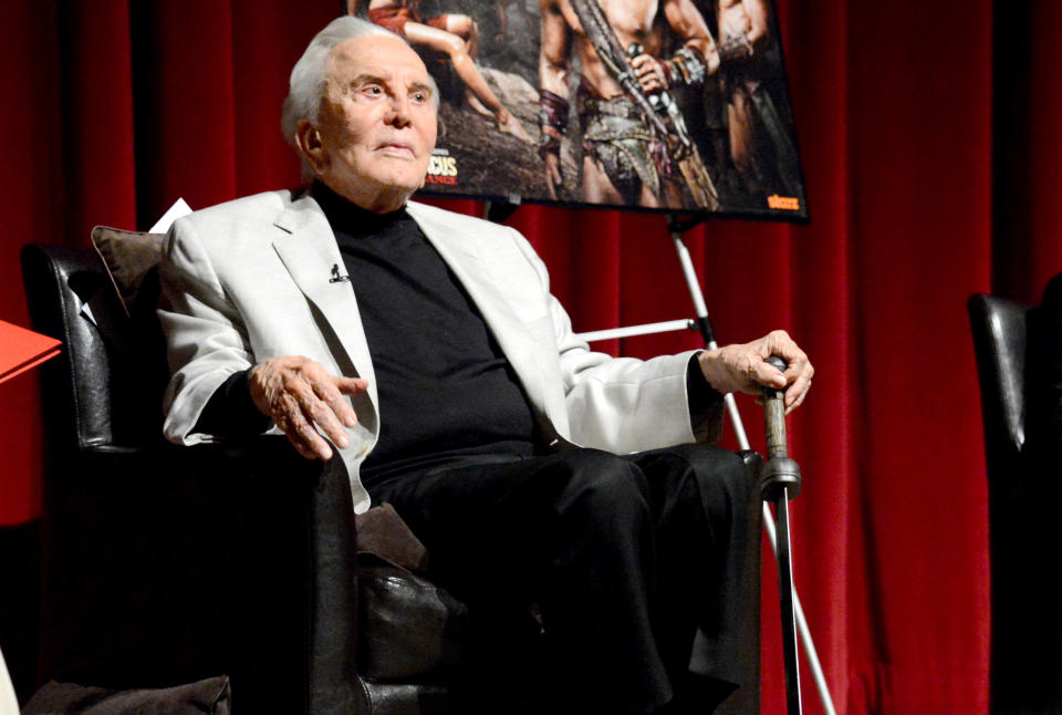 NORTH HOLLYWOOD, CA - MAY 31: Kirk Douglas on stage at the Starz celebration of Kirk Douglas and the impact of "Spartacus" at Leonard H. Goldenson Theatre on May 31, 2012 in North Hollywood, California. (Photo by Jeff Kravitz/FilmMagic)