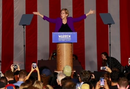 U.S. Senator and democratic presidential candidate Elizabeth Warren speaks at Washington Square Park in New York