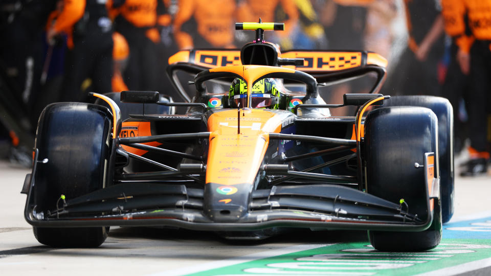 MIAMI, FLORIDA - MAY 05: Lando Norris of Great Britain driving the (4) McLaren MCL38 Mercedes makes a pitstop during the F1 Grand Prix of Miami at Miami International Autodrome on May 05, 2024 in Miami, Florida. (Photo by Clive Rose - Formula 1/Formula 1 via Getty Images)