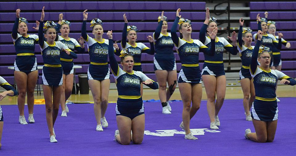 Some of Sioux Valley's cheerleaders lead a cheer during the Watertown Invitational on Thursday, Aug. 31, 2023 in the Watertown Civic Arena.