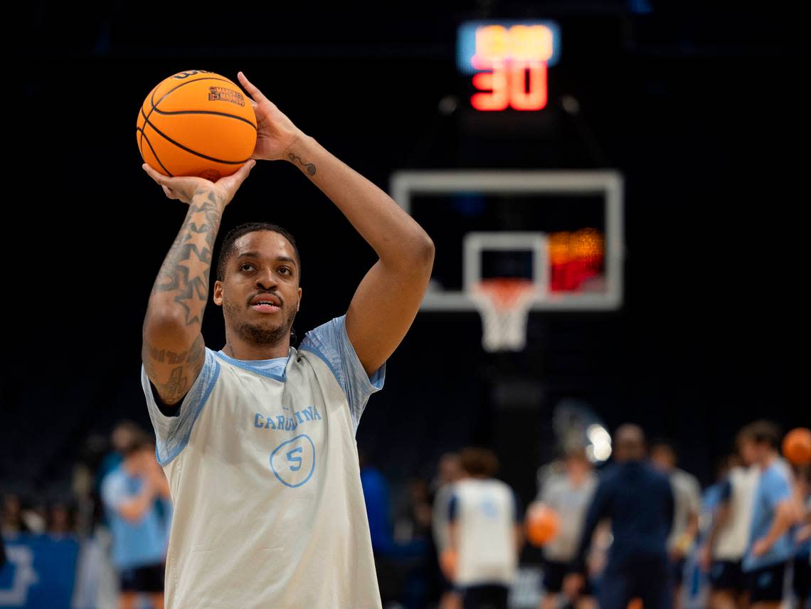 North Carolina’s Armando Bacot (5) works on his free-throw shooting form during the team workout ahead of their NCAA Tournament game against Wagner on Wednesday, March 20, 2024 at Spectrum Center in Charlotte, N.C. Robert Willett/rwillett@newsobserver.com