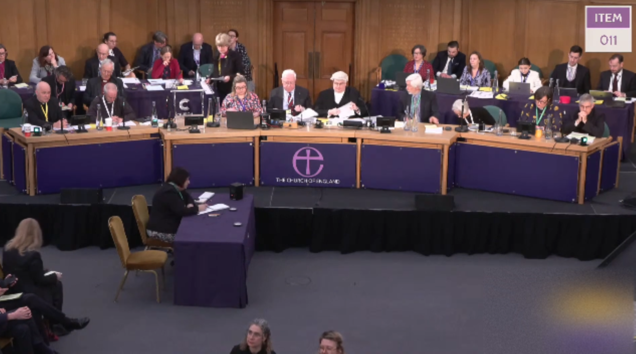 The rainbow flag is still visible on the Church's General Synod live stream, despite an apparent attempt to blur it out. (Church of England/YouTube)