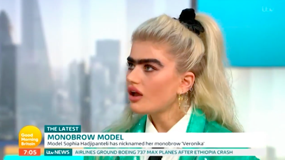 Model Sophia Hadjipanteli has revealed she gets death threats for choosing to leave her monobrow unplucked. Photo: ITV