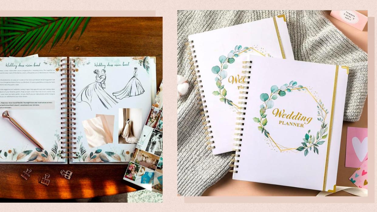 the inside of a wedding planner, and two wedding planners on a surface