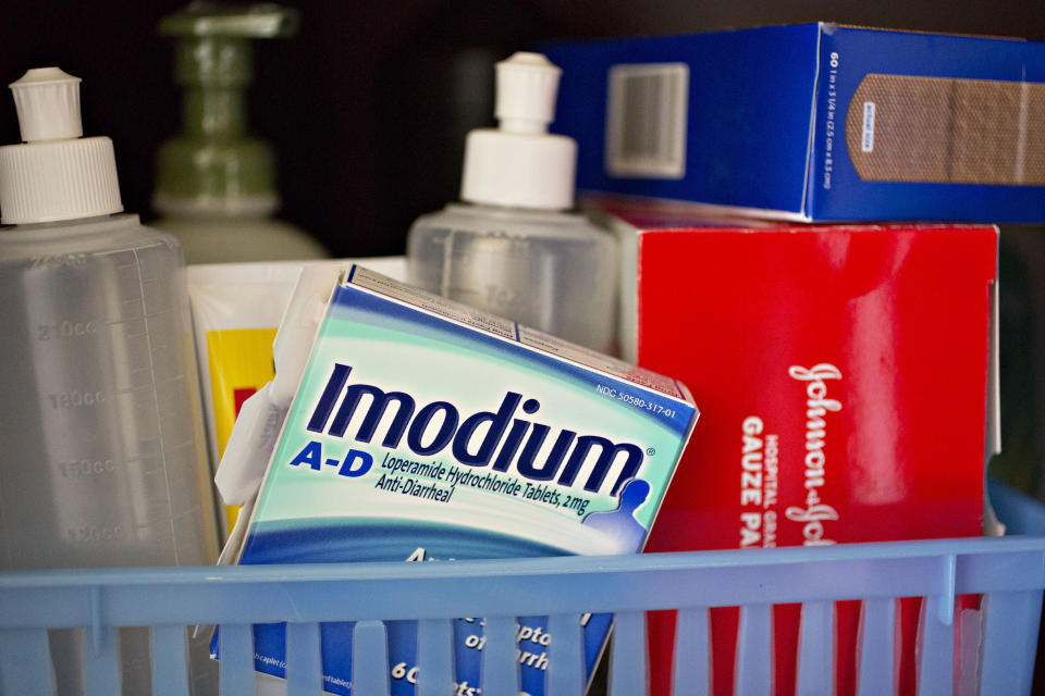 <strong>Brand name:</strong> Imodium.<br /><br /><strong>What it&rsquo;s used to treat:</strong> Diarrhea.<br /><br /><strong>Potential side effects:&nbsp;</strong><a href="https://medlineplus.gov/druginfo/meds/a682280.html#side-effects" data-cke-saved-href="https://medlineplus.gov/druginfo/meds/a682280.html#side-effects">Dizziness; drowsiness</a>; stomach pain, discomfort or swelling; constipation; fatigue. Call your doctor if you experience: rash; hives; itching; wheezing; difficulty breathing; fever; bloody stools; fainting; fast, pounding or irregular heartbeat; unresponsiveness.
