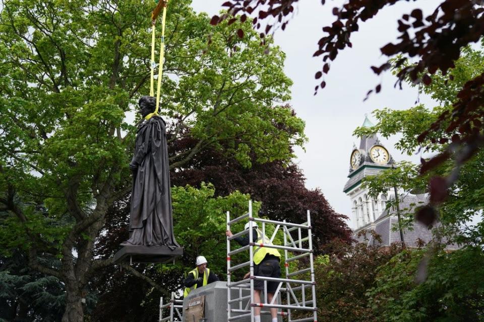 The statue was lowered onto the plinth on Sunday morning (Joe Giddens/PA) (PA Wire)