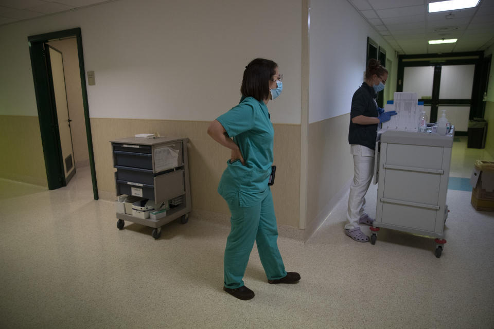 Dr. Elisabetta Teti stands in a sub-intensive COVID-19 unit of the Tor Vergata Polyclinic Hospital, in Rome, Saturday, Nov. 7, 2020. (AP Photo/Alessandra Tarantino)