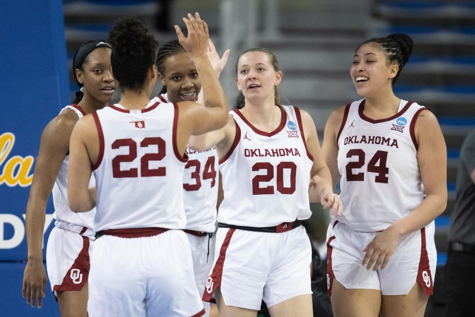 Oklahoma players celebrate a basket by guard Aubrey Joens (20) during the second half Saturday night against Portland.