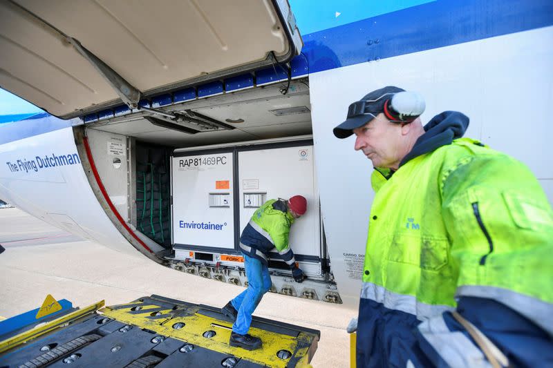 Cool boxes are being transported by airplane at Amsterdam's Schiphol Airport