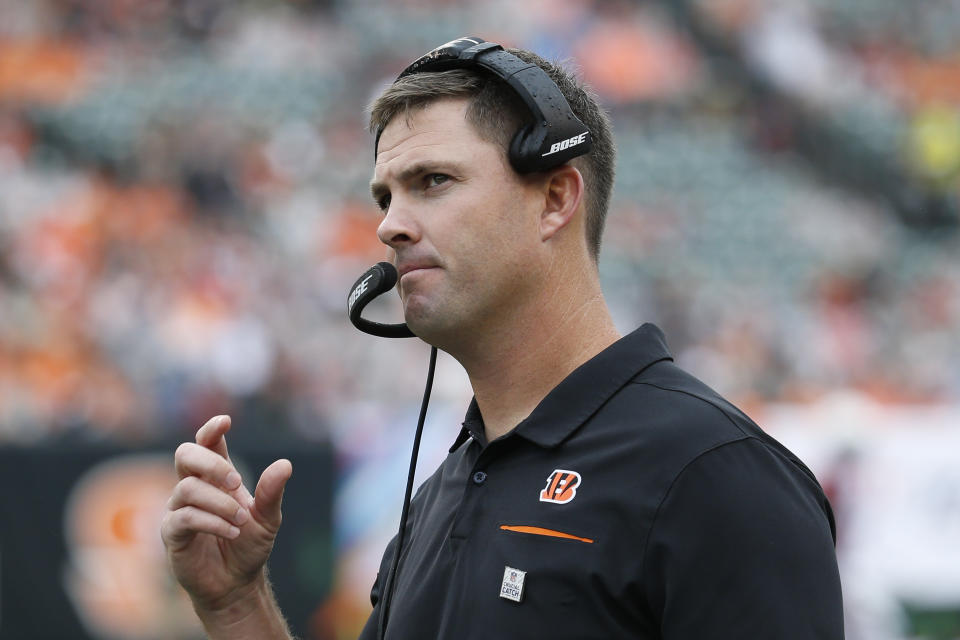 Cincinnati Bengals head coach Zac Taylor works the sideline in the first half of an NFL football game against the Arizona Cardinals, Sunday, Oct. 6, 2019, in Cincinnati. (AP Photo/Frank Victores)