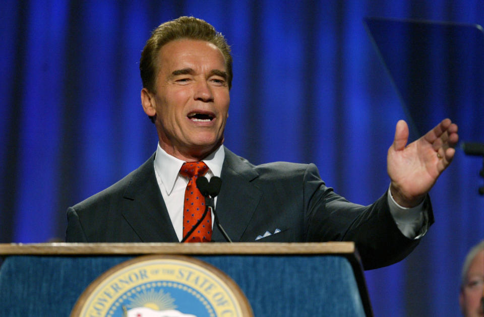 LONG BEACH, CA - DECEMBER 7:  California Governor Arnold Schwarzenegger speaks during the California Governor's Conference on Women and Families at the Long Beach Convention Center on December 7, 2004 in Long Beach, California.  (Photo by Frederick M. Brown/Getty Images)