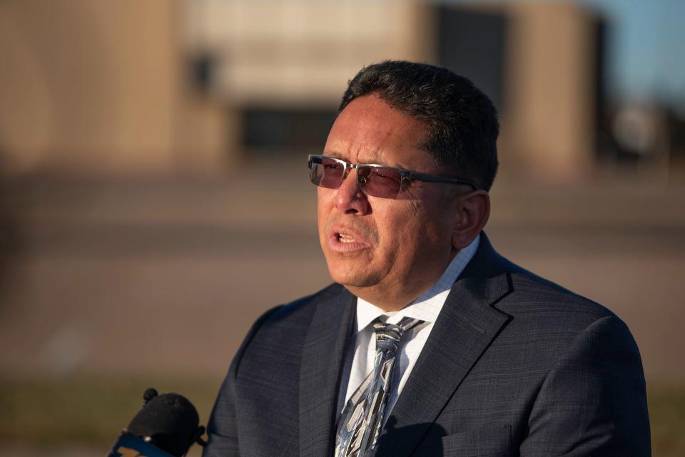 Sgt. Franklyn Ortega of the Pueblo Police Department speaks to the media after an incident at the Pueblo Mall where a vehicle was drivin into the west side entrance on Tuesday, November 14, 2023.