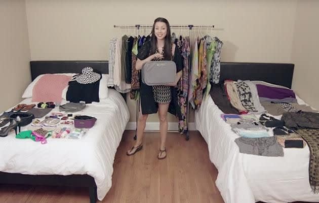 Rachel somehow manages to fit everything on the beds in that tiny suitcase. Photo: Facebook/biaggiluggage